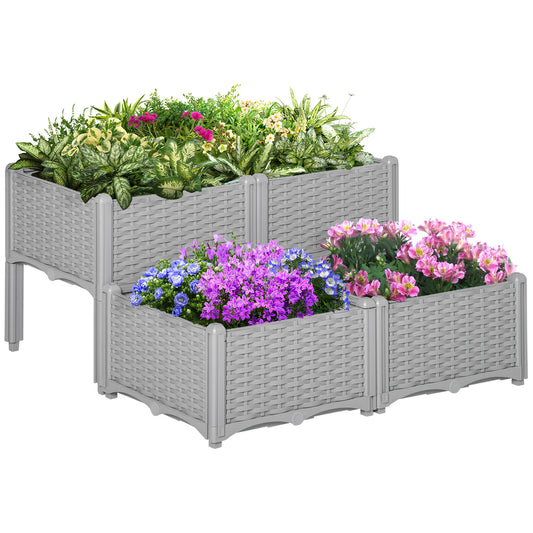 Photo of Outsunny Set of 4 26L Garden Raised Bed Elevated Patio Flower Plant Planter Box PP Vegetables Planting Container, Grey in Grey colour on a white background