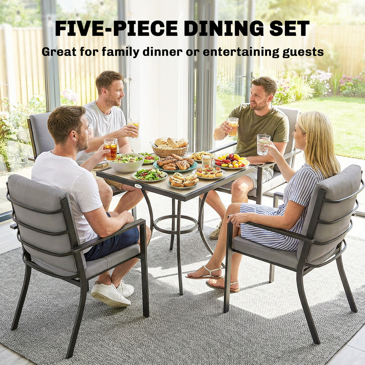 Outsunny 5 Pieces Outdoor Dining Set with Cushions, Garden Dining Set for 4 with Square Table and Stackable Chairs