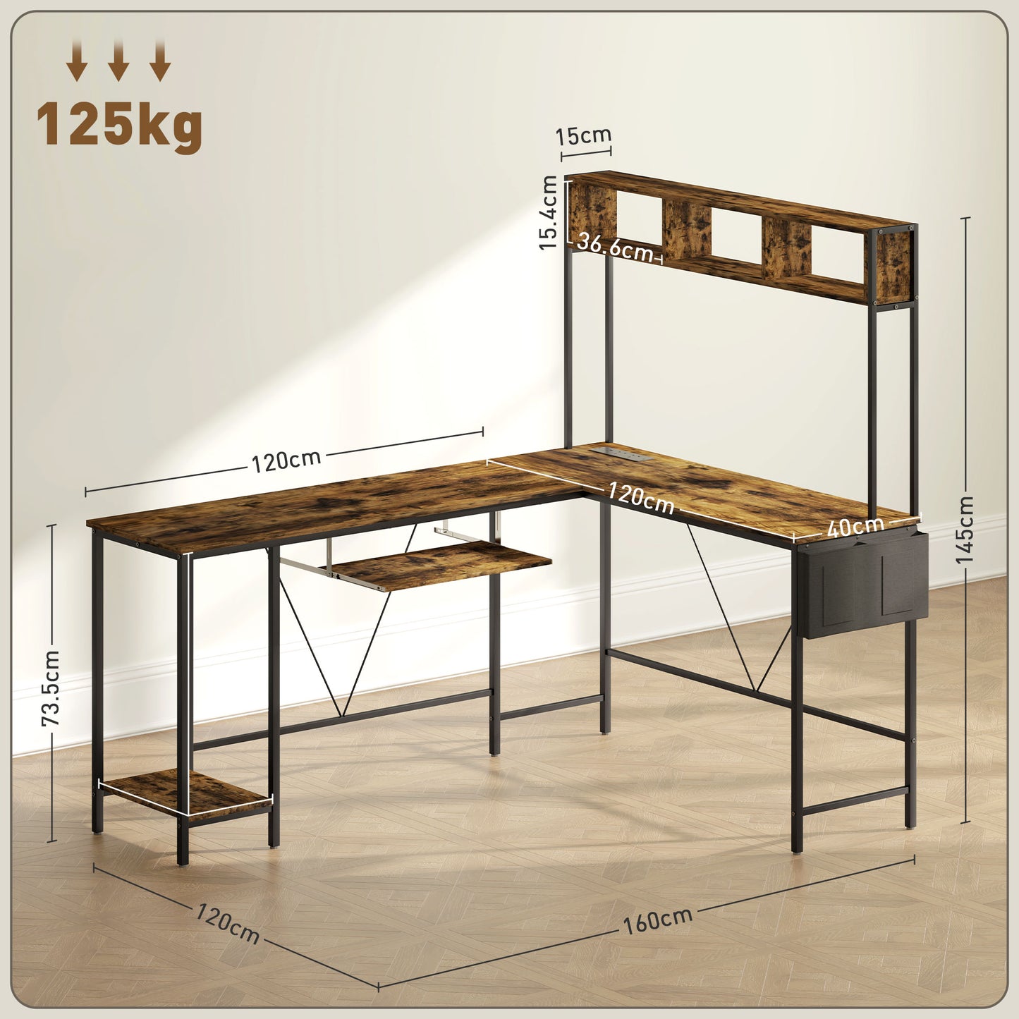 HOMCOM 160cm Reversible L Shaped Desk with Power Outlet, Industrial Corner Desk with Keyboard Tray, Rustic Brown
