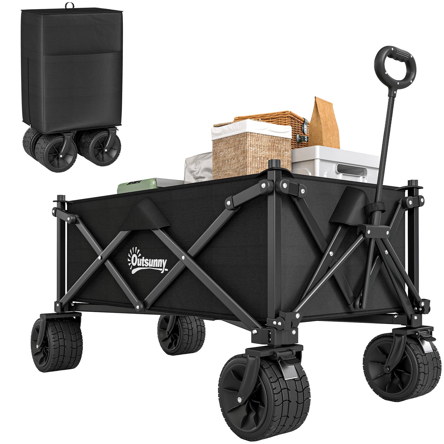 Photo of Outsunny Folding Garden Trolley, Outdoor Wagon Cart with Carry Bag, for Beach, Camping, Festival, 120KG Capacity, Black in Black colour on a white background