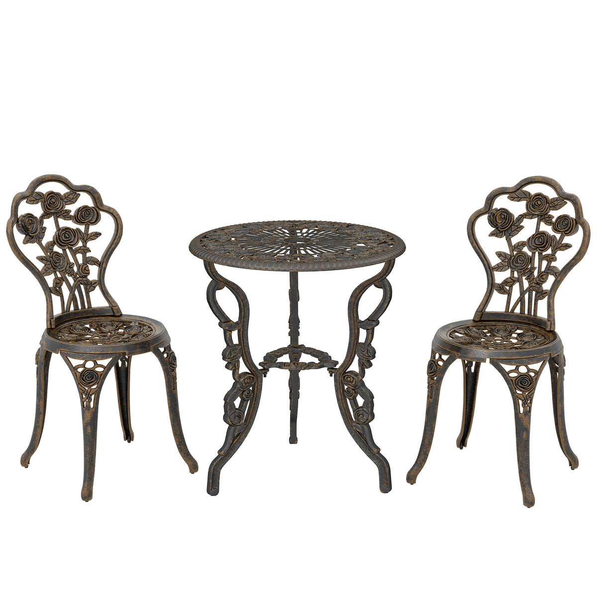 Photo of Outsunny Garden Bistro Set with Umbrella Hole, 3 Piece Cast Aluminium Garden Furniture Set, Antique Floral Round Coffee Table and Chairs, Small Balcony Furniture for Outdoor, Patio, Brown Tone in Tone colour on a white background
