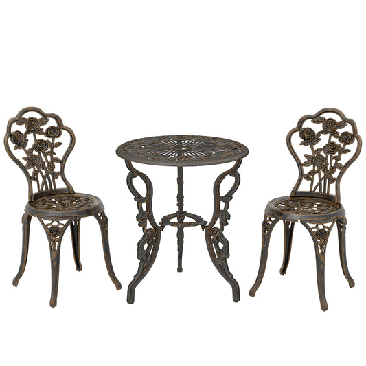 Photo of Outsunny Garden Bistro Set with Umbrella Hole, 3 Piece Cast Aluminium Garden Furniture Set, Antique Floral Round Coffee Table and Chairs, Small Balcony Furniture for Outdoor, Patio, Brown Tone in Tone colour on a white background