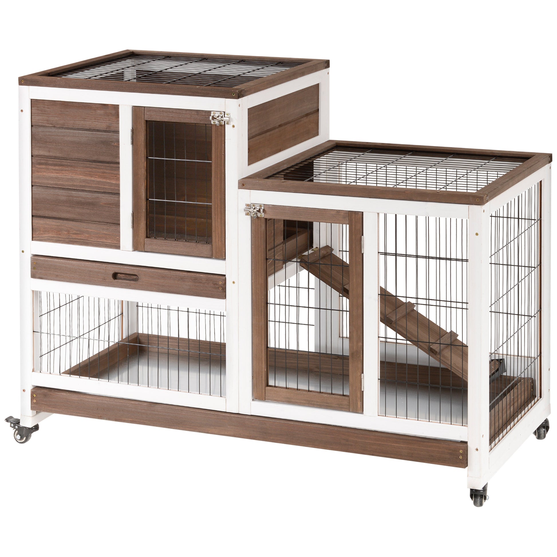 Photo of PawHut Two-Tier Rabbit Hutch Pet Cage, with Wheels - Brown in Brown colour on a white background