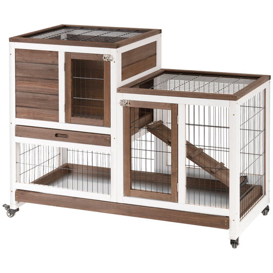 Photo of PawHut Two-Tier Rabbit Hutch Pet Cage, with Wheels - Brown in Brown colour on a white background