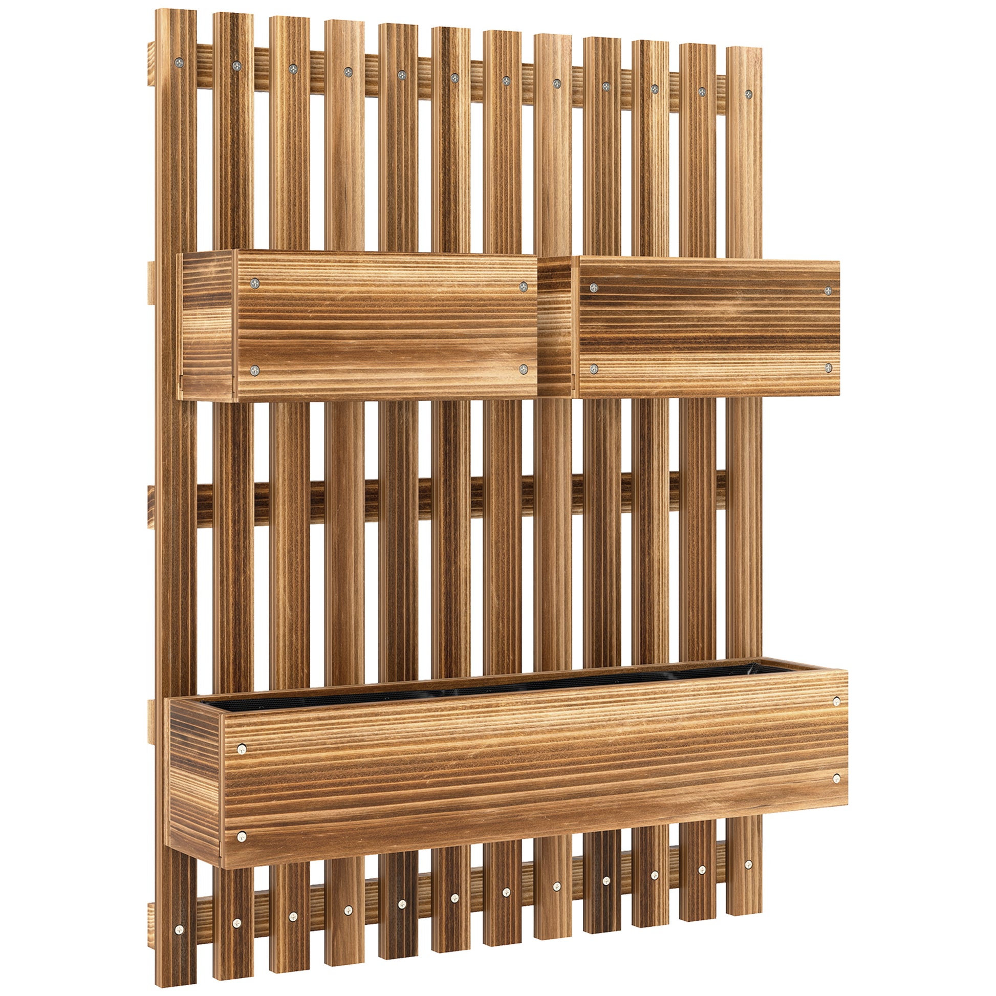 Photo of Outsunny Wall-mounted Wooden Garden Planters with Trellis, Drainage Holes and 3 Planter Boxes for Patio, Carbonised in Carbonised colour on a white background