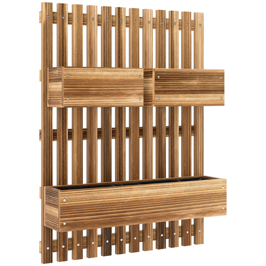 Photo of Outsunny Wall-mounted Wooden Garden Planters with Trellis, Drainage Holes and 3 Planter Boxes for Patio, Carbonised in Carbonised colour on a white background