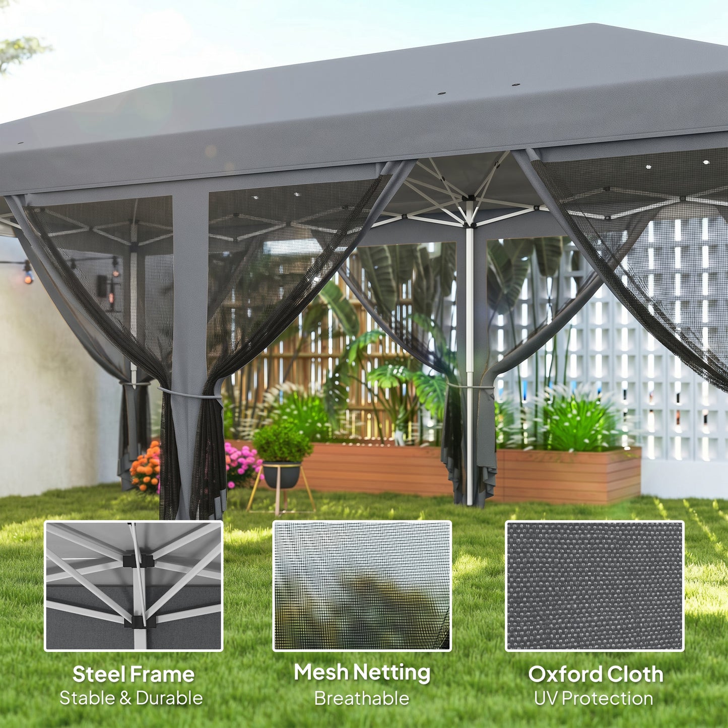 Outsunny 3 x 6m Pop Up Gazebo, Outdoor Canopy Shelter, Marquee Party Wedding Tent with 6 Mesh Walls and Carry Bag, Grey