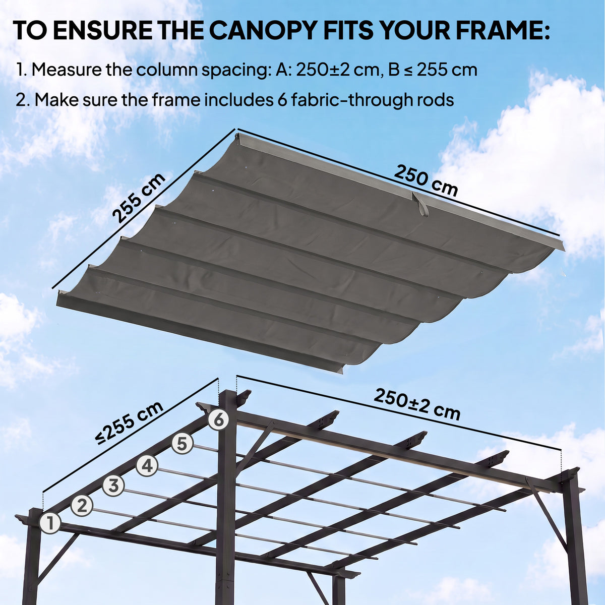 Outsunny light gray canopy fabric shown above a frame, with six fabric-through rods
