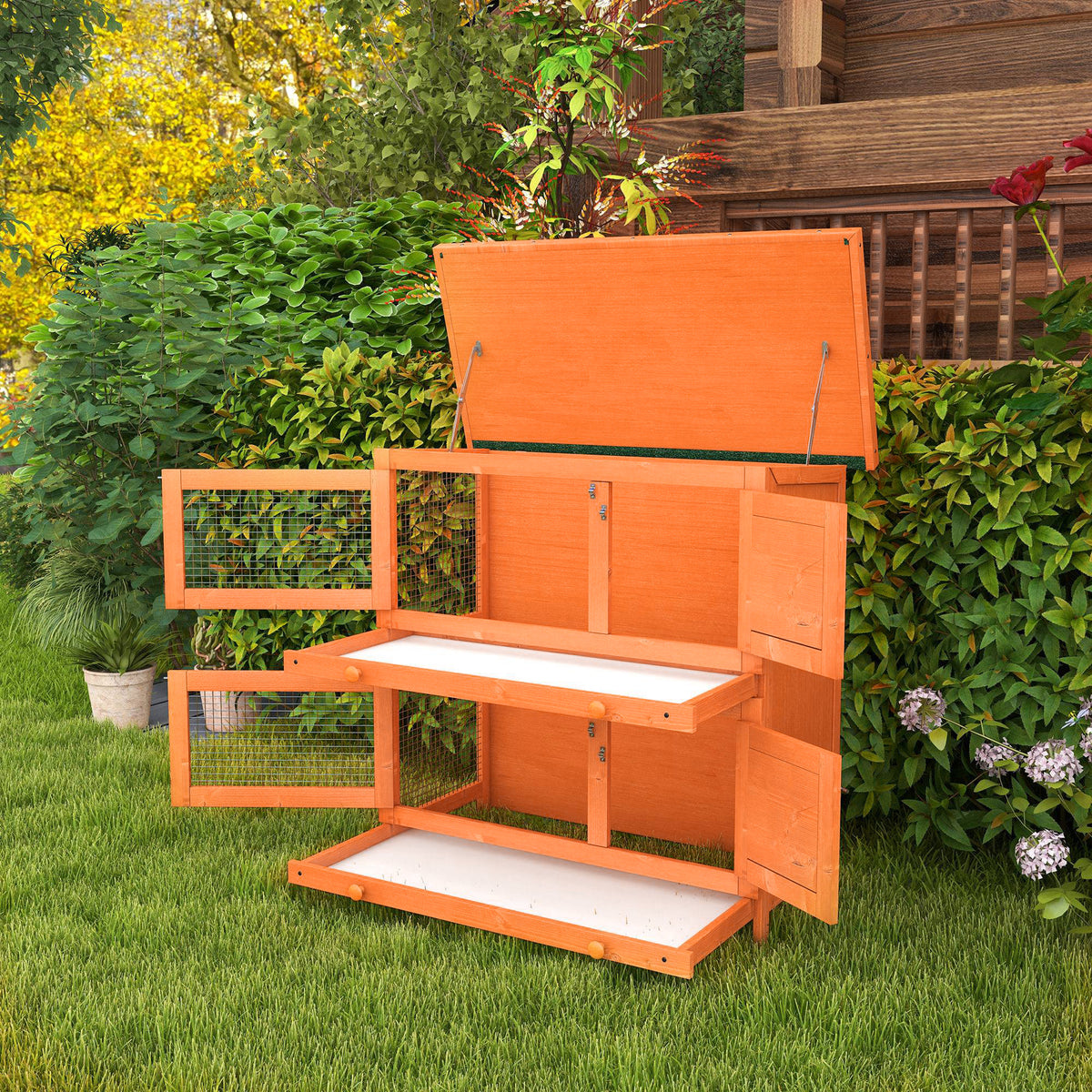 PawHut 2-Tier Rabbit Hutch with Separate Living Levels & Slide-Out Tray, 90 x 45 x 90 cm, Natural Wood Finish