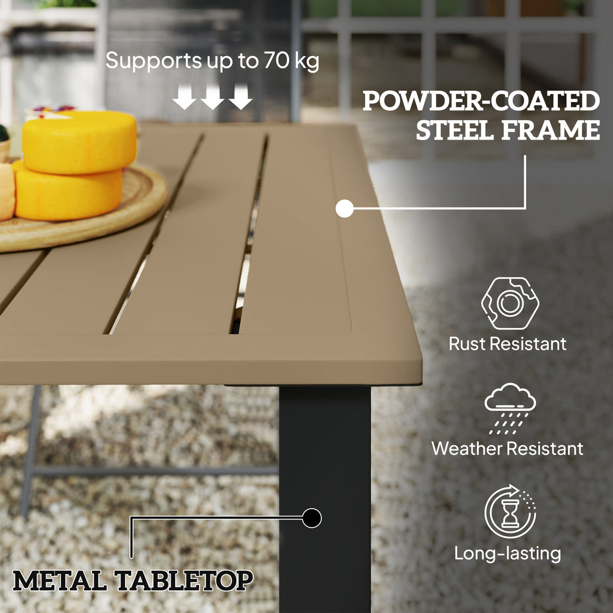 Outsunny brown slatted metal tabletop and dark powder-coated steel frame