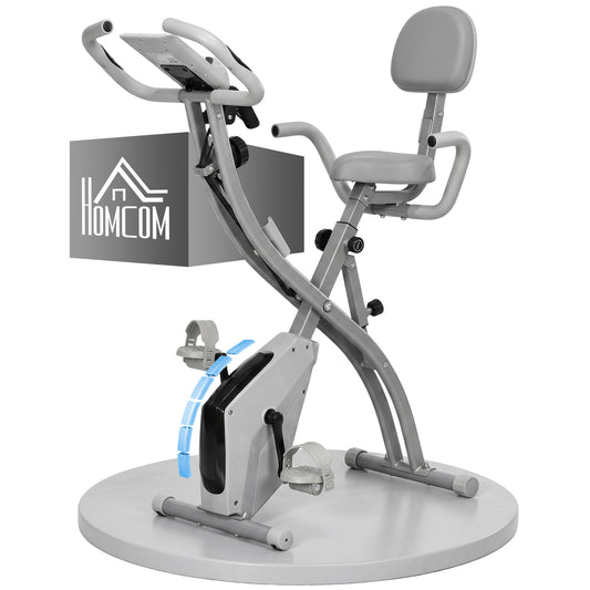Grey folding exercise bike with padded seat, backrest, pedals and handlebars