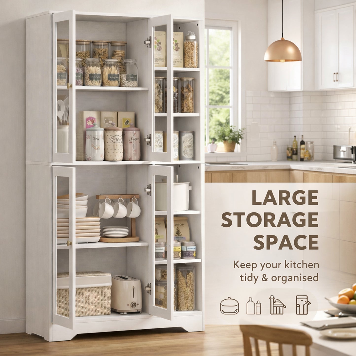 HOMCOM Multi-Storage Kitchen Cabinet, with Glass Doors - White Wood-Effect