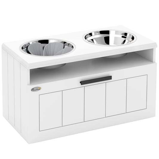 Photo of PawHut Raised Dog Bowl with Slow Feeder, Two Stainless Steel Dog Bowls, Drawer, for Large and Extra Large Dogs, White in White colour on a white background