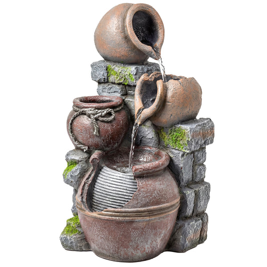 Photo of Outsunny Outdoor Fountain with 4-Tier Rustic Pots & Planter, Garden Fountain with LED Lights, Rustic Brown in Brown colour on a white background