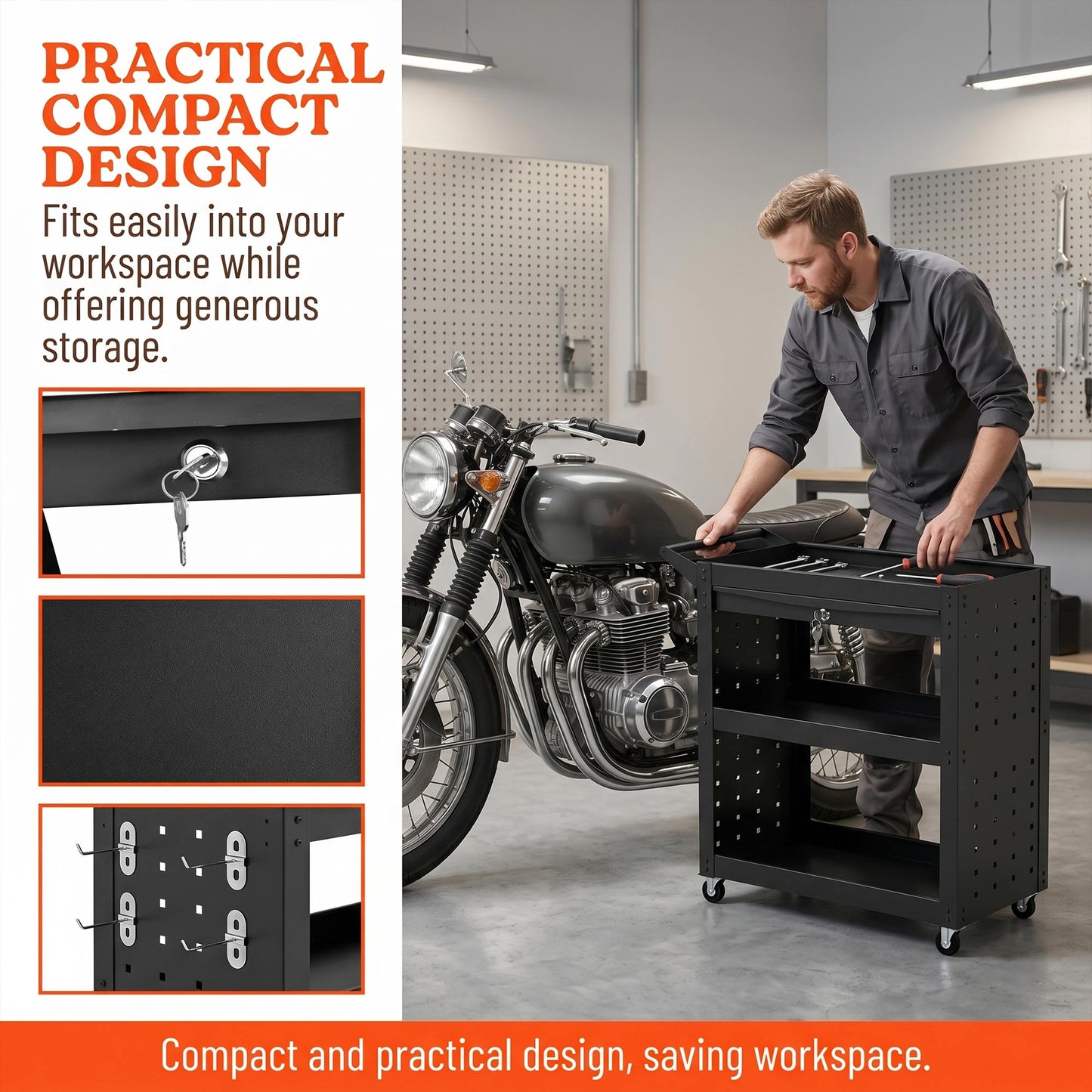HOMCOM Tool Cart with Lockable Wheels, Rolling Workshop Cart with 3-Tier Trays, Drawer, Pegboards, Black