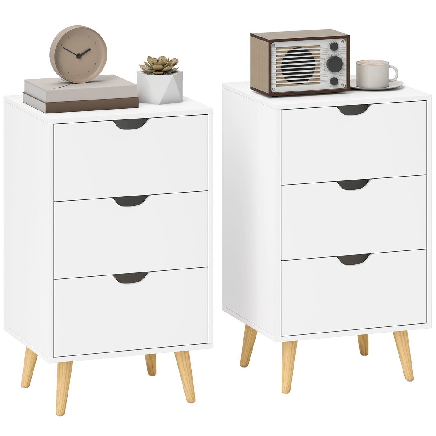 Photo of HOMCOM Set of 2 Bedside Tables, Modern Nightstand Side End Table with 3 Storage Drawers and Solid Pine Wood Legs for Bedroom Living Room Entryway, White in White colour on a white background