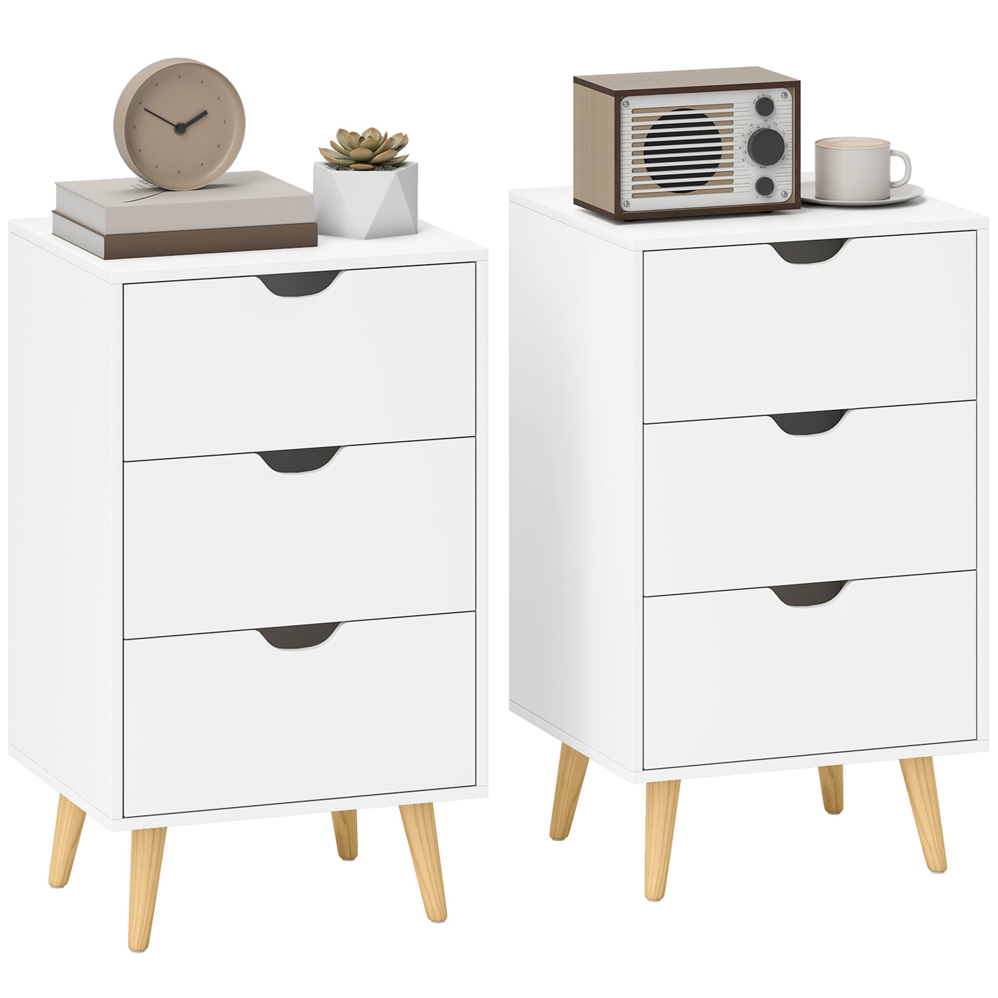 Photo of HOMCOM Set of 2 Bedside Tables, Modern Nightstand Side End Table with 3 Storage Drawers and Solid Pine Wood Legs for Bedroom Living Room Entryway, White in White colour on a white background
