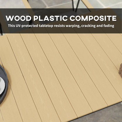 Outsunny table close-up showing the light wood-look composite tabletop and narrow planks