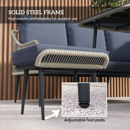 Garden sofa set detail showing woven rattan sides, steel frame and adjustable foot pads