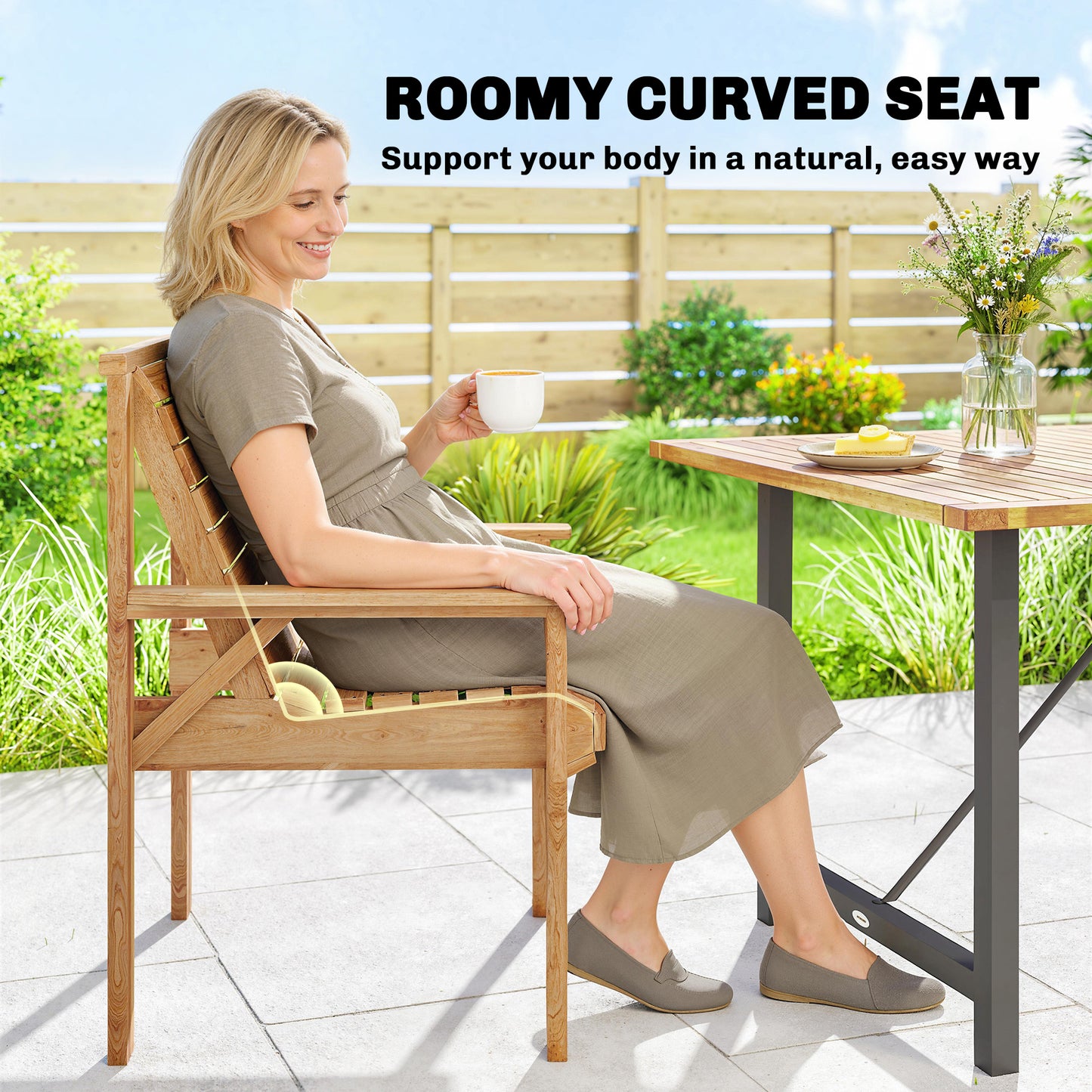 Outsunny Wooden Garden Dining Chair, Outdoor Chair Garden Armchair with Curved Seat and Wide Armrests, Natural Wood Finish