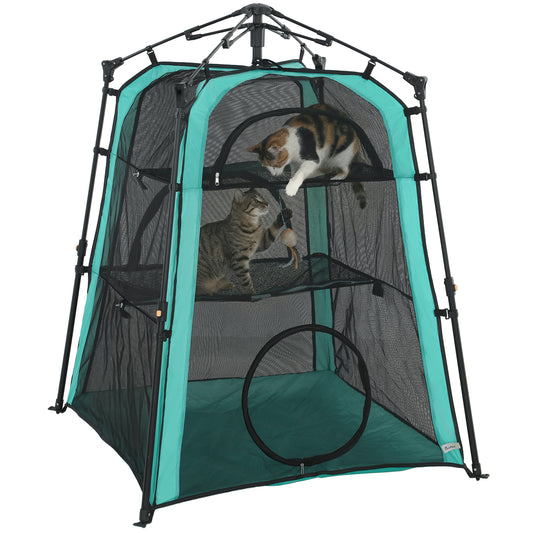 Photo of PawHut Cat Tent, 3-Tier Portable Pet Tent for Indoor Outdoor, Cat House with Multi-Door, Carry Bag, Breathable Mesh in Mesh colour on a white background