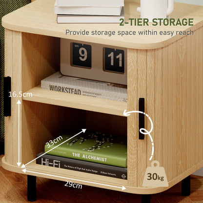 Nightstand interior with two shelves, sliding doors, and oak-tone wood grain