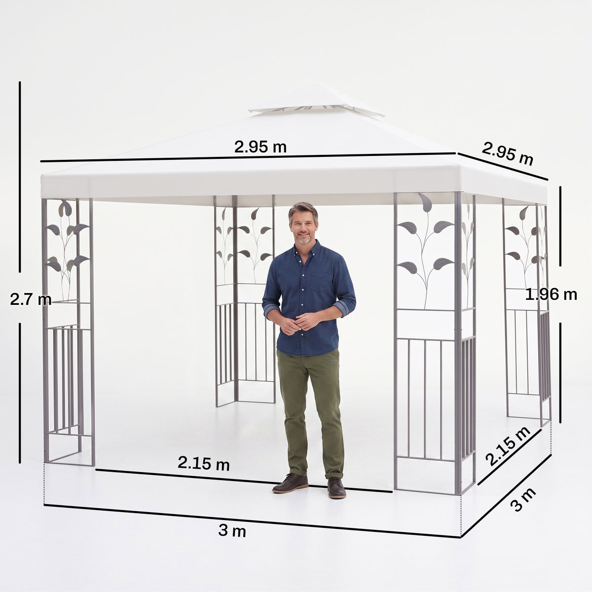 Outsunny cream steel gazebo with two-tier roof and dimensions shown