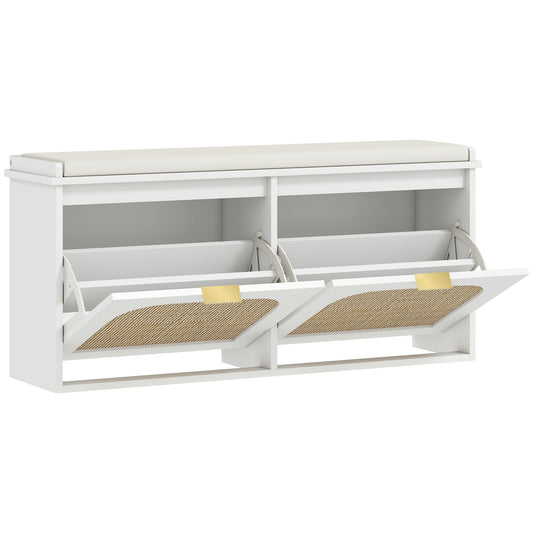 Photo of HOMCOM Boho Shoe Bench with Padded Seat and 2 Flip-Drawers - White in White colour on a white background
