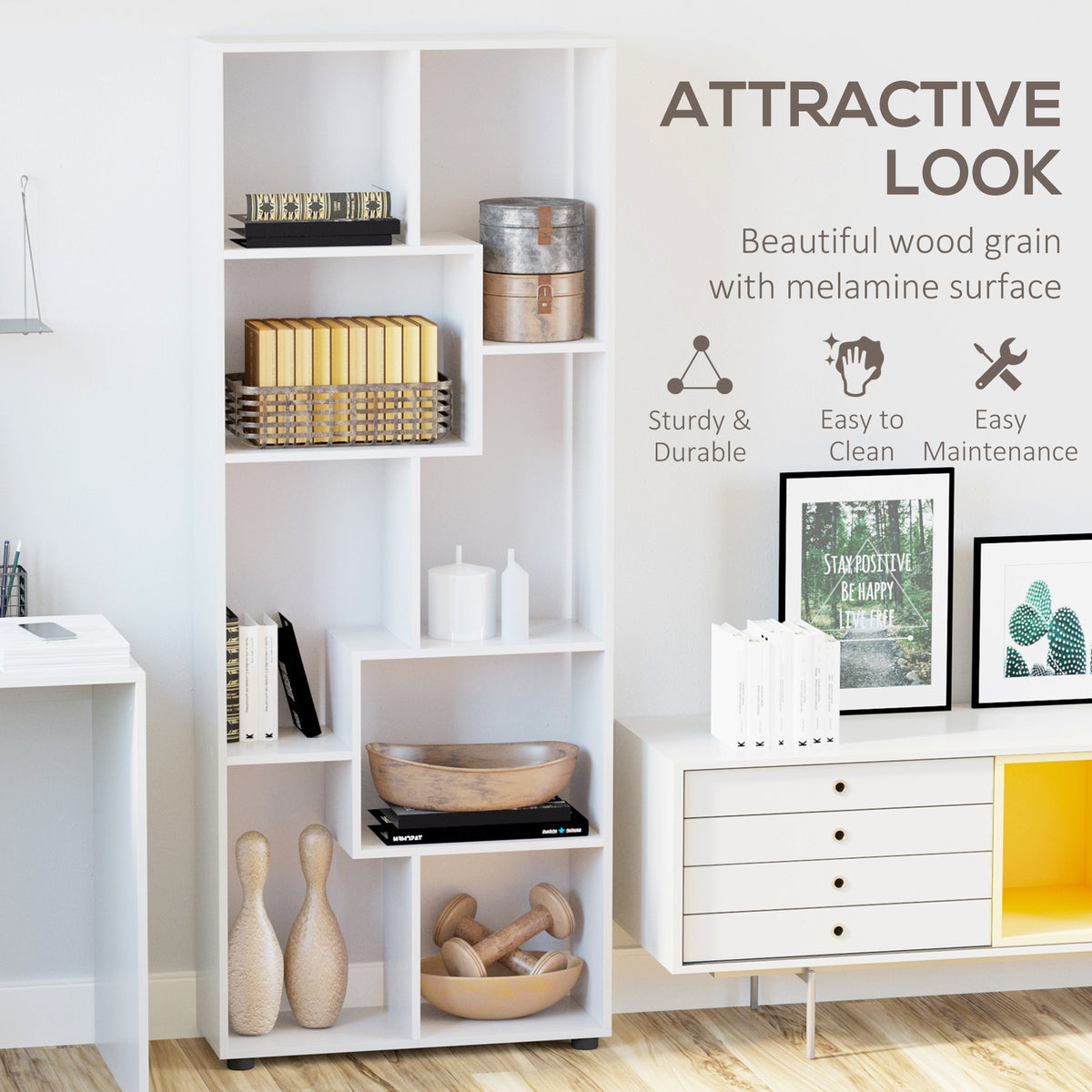 White open-shelf bookcase with a wood-grain melamine finish