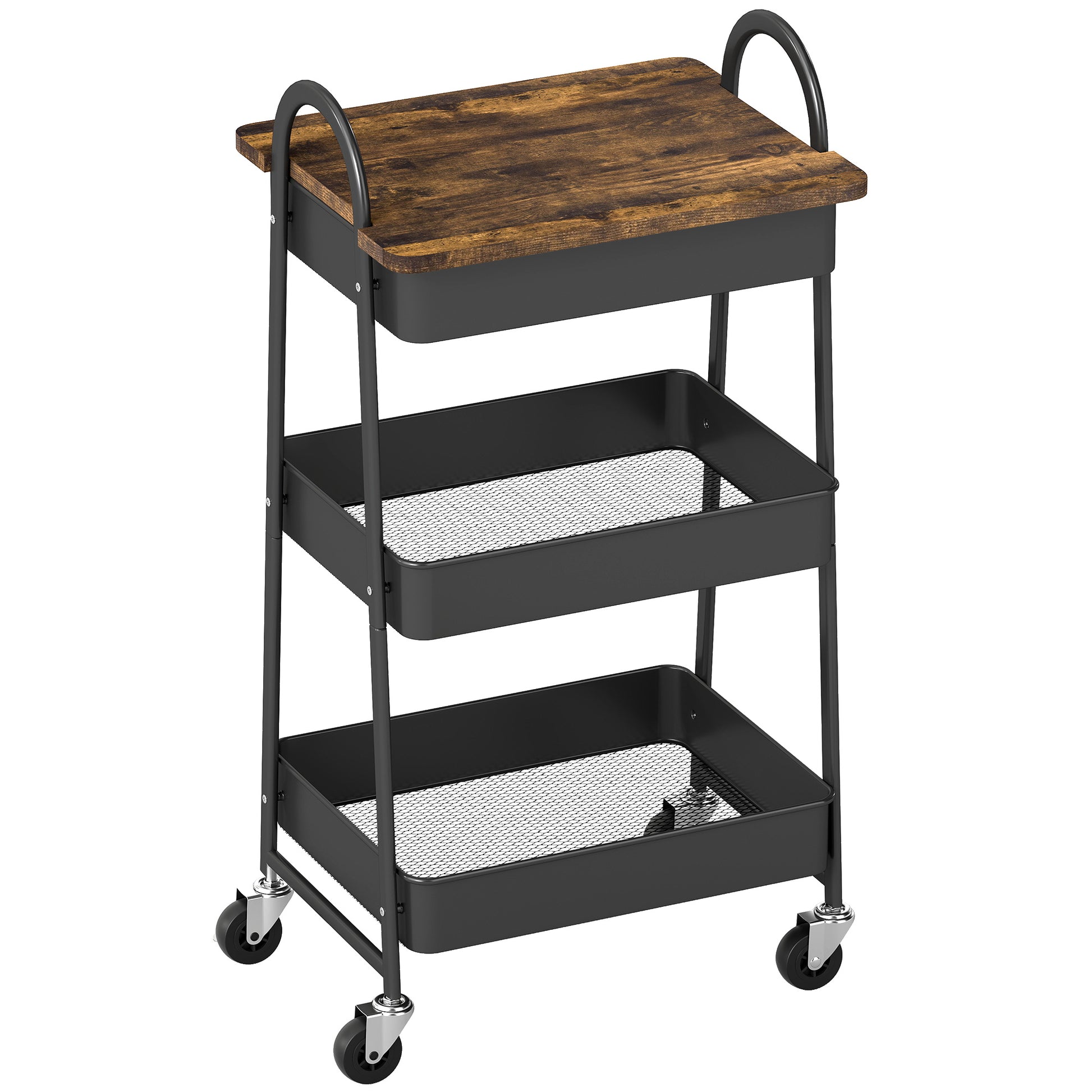 Photo of HOMCOM 3-Tier Kitchen Storage Trolley with on Wheels Cover Top Board - Rustic Brown and Black in Black colour on a white background