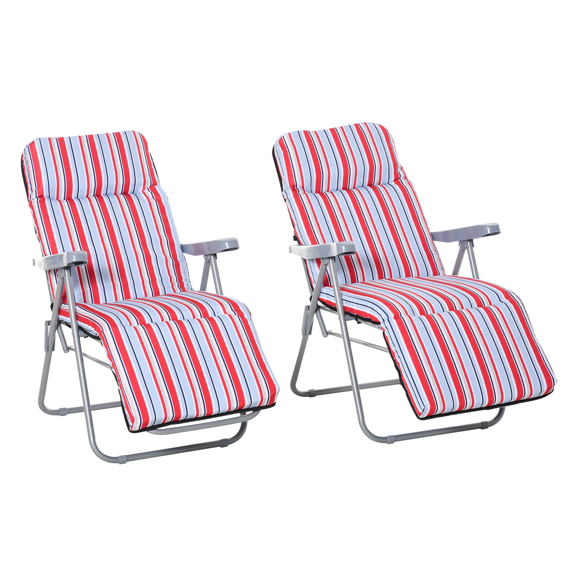 Photo of Outsunny Set of 2 Garden Sun Lounger Outdoor Reclining Seat Cushioned Seat Foldable Adjustable Recliner Red and White in White colour on a white background