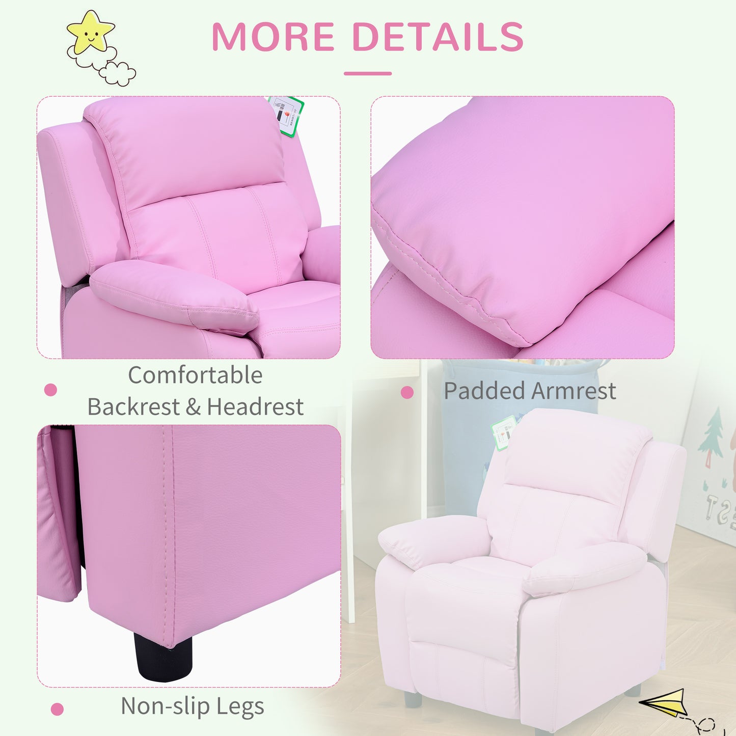 HOMCOM Kids Sofa Armchair Toddler Recliner Children's  Chair Lounger Games Chair  PU Leather w/ Storage  (Pink)