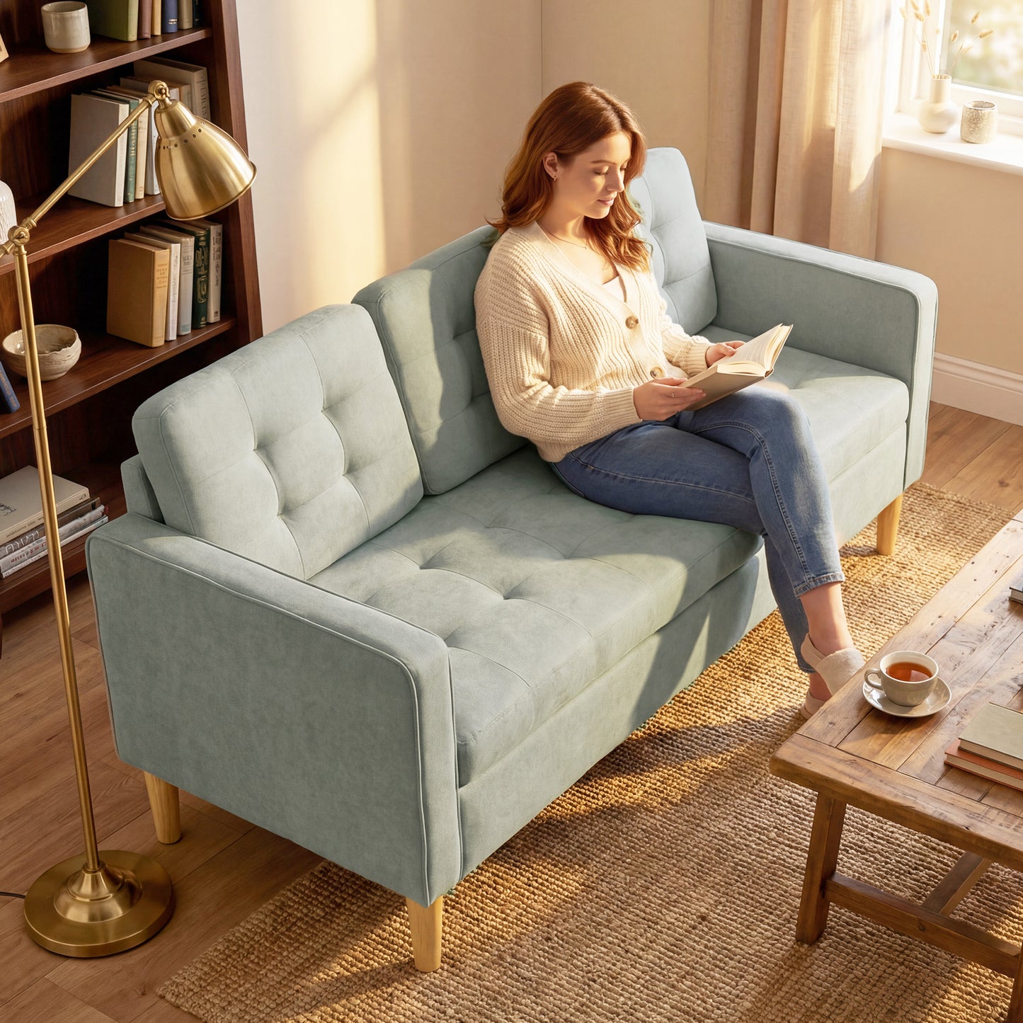 HOMCOM 3 Seater Sofa, 169cm Couch with Hidden Storage, Wood Legs, Light Grey