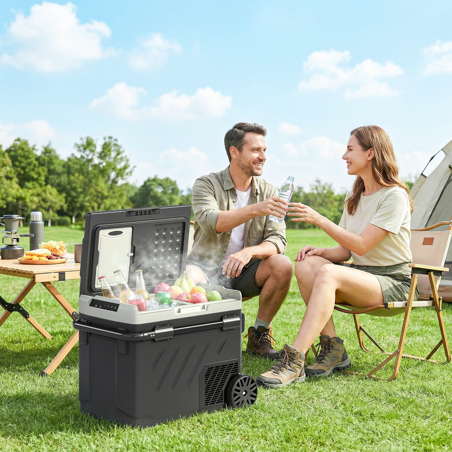 Outsunny 49L Compressor Car Fridge Freezer, Dual Zone Camping Refrigerator with App Control, Telescopic Handle, -20℃-20℃