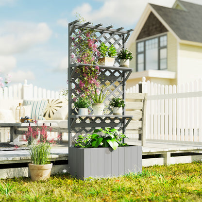 Outsunny grey planter with trellis and shelves holding potted plants and climbing flowers