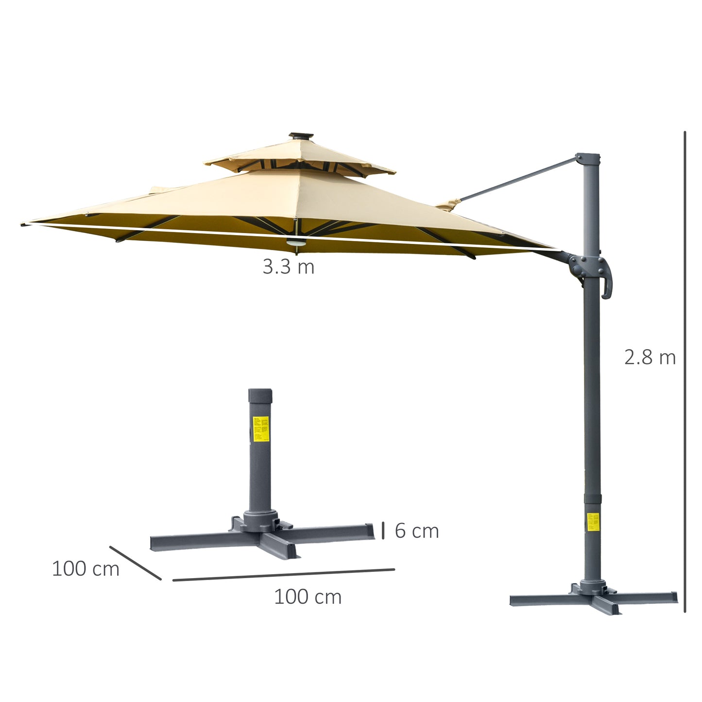 Outsunny 3m Cantilever Parasol with Solar Lights, Power Bank Base 360° Spin, Khaki