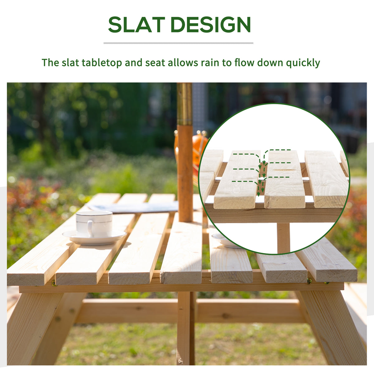 Close-up of the picnic table's slatted tabletop and attached benches