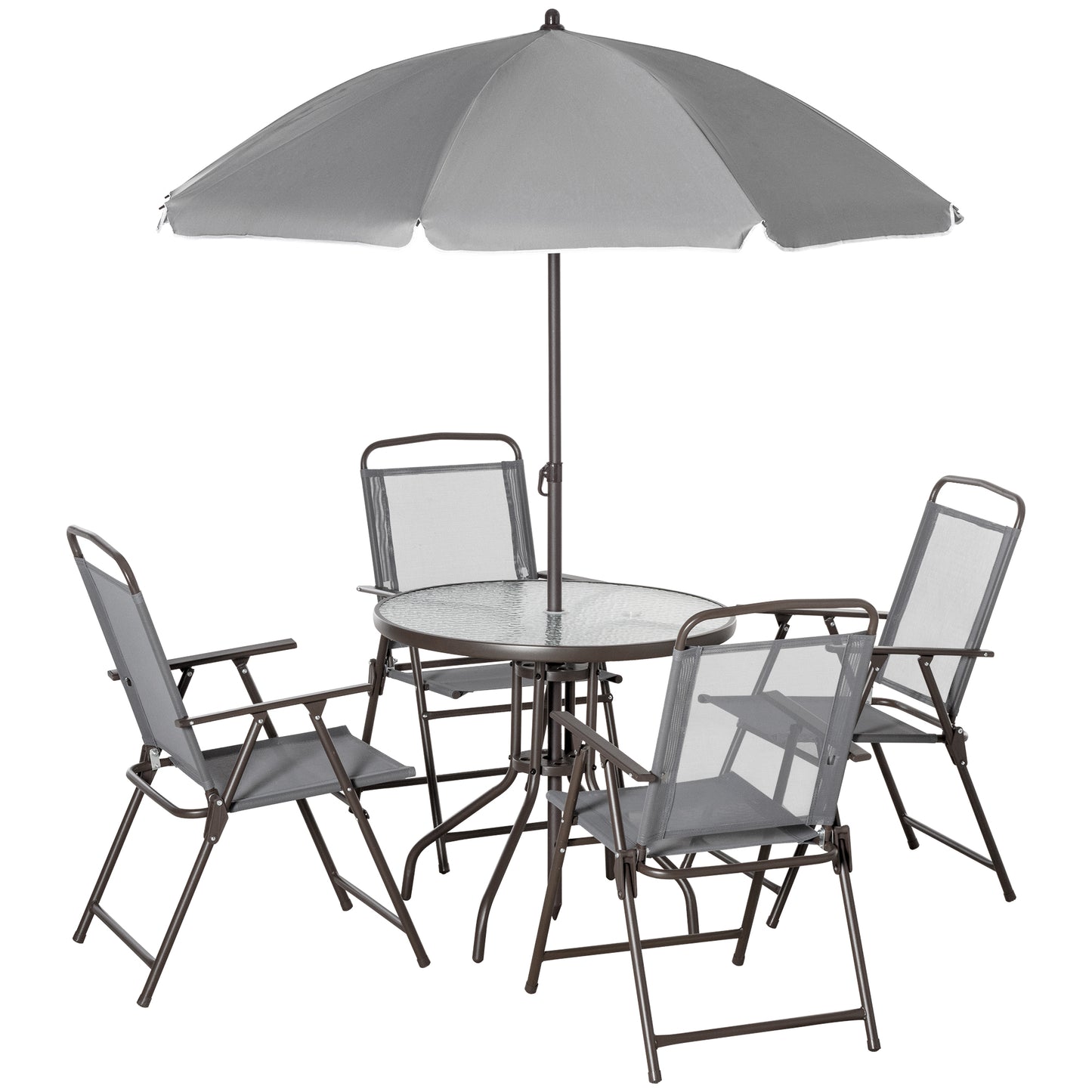 Photo of Outsunny 6 Piece Garden Dining Set with Umbrella, Outdoor Dining Sets with Parasol, 4 Folding Dining Chairs & Round Tempered Glass Table, Grey in Grey colour on a white background