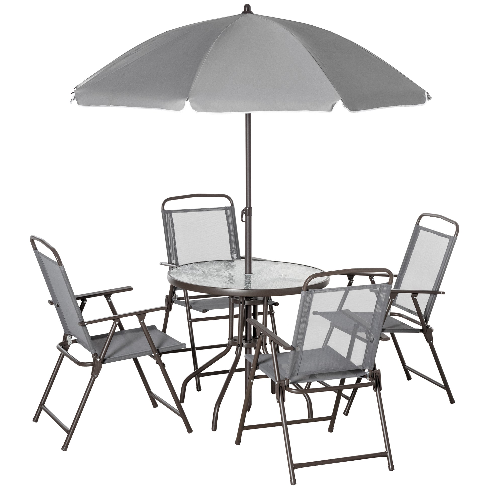 Photo of Outsunny 6 Piece Garden Dining Set with Umbrella, Outdoor Dining Sets with Parasol, 4 Folding Dining Chairs & Round Tempered Glass Table, Grey in Grey colour on a white background