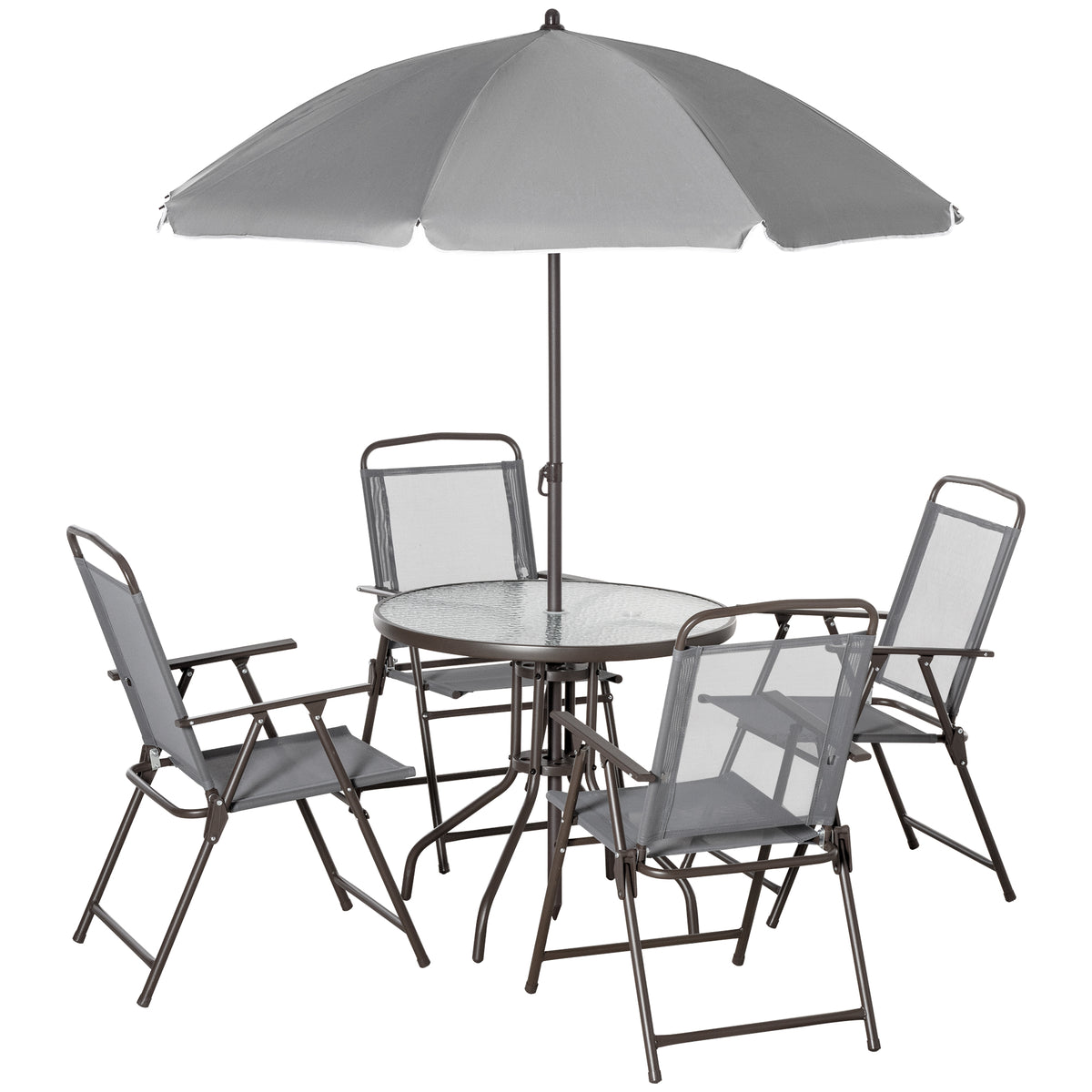 Photo of Outsunny 6 Piece Garden Dining Set with Umbrella, Outdoor Dining Sets with Parasol, 4 Folding Dining Chairs & Round Tempered Glass Table, Grey in Grey colour on a white background