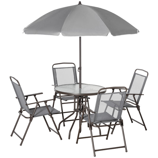 Photo of Outsunny 6 Piece Garden Dining Set with Umbrella, Outdoor Dining Sets with Parasol, 4 Folding Dining Chairs & Round Tempered Glass Table, Grey in Grey colour on a white background