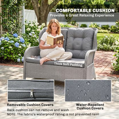 Gray wicker loveseat with thick removable, water-repellent cushion covers