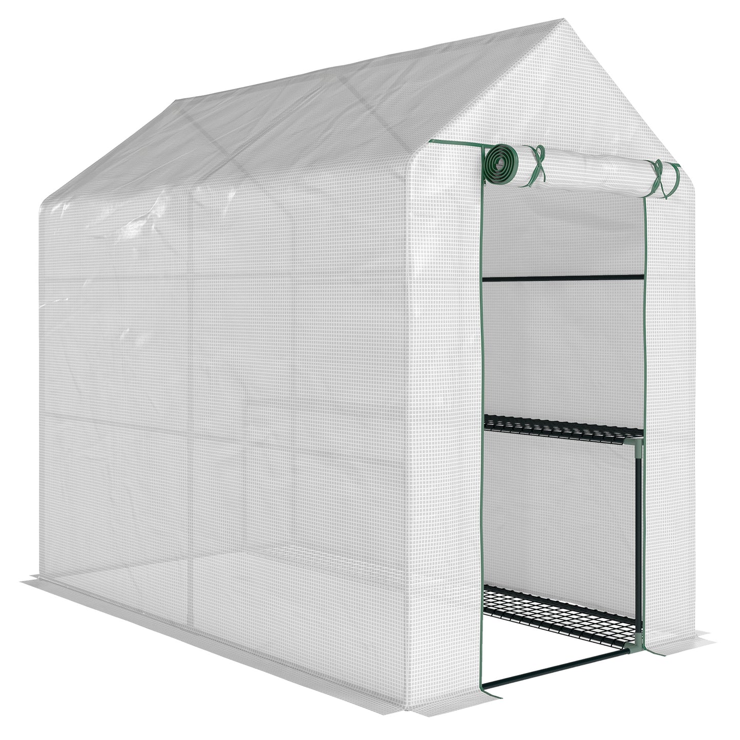Photo of Outsunny Walk In Greenhouse with 2-Tier Shelves, Roll up Zip Panel Door, Garden Polytunnel Steeple Grow House for Outdoor, 6 x 4 x 6ft White in White colour on a white background
