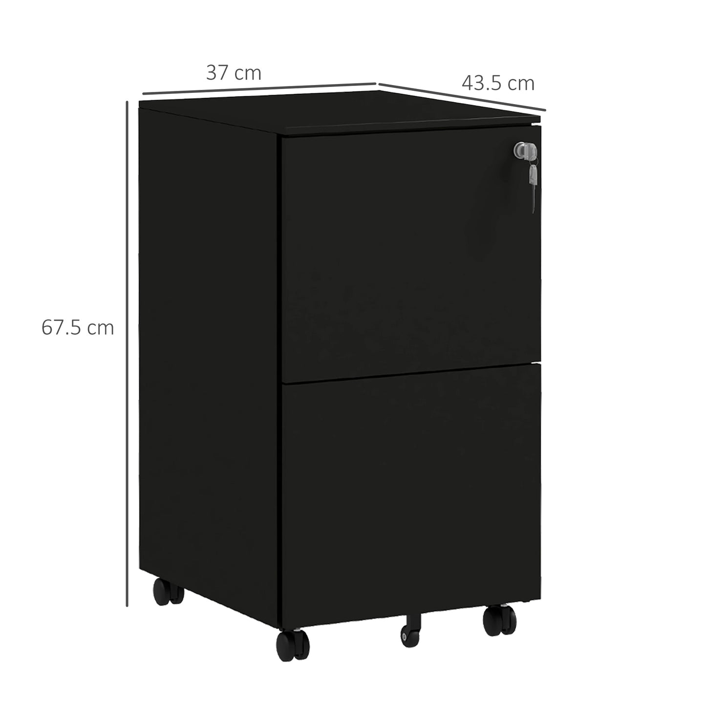 Vinsetto 2-Drawer Filing Cabinet with Lock and 5 Wheels, Steel Mobile File Cabinet, for A4, Legal and Letter Size, Pre-Assembled Body, Black