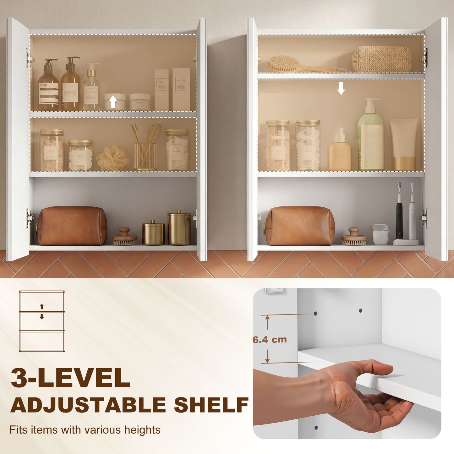 HOMCOM Bathroom Mirror Cabinet, 3-Tier Wall Mount Bathroom Storage Cabinet with Soft-Close Hinges and Adjustable Shelf, Double Door Cupboard, 60 x 15 x 75 cm, White