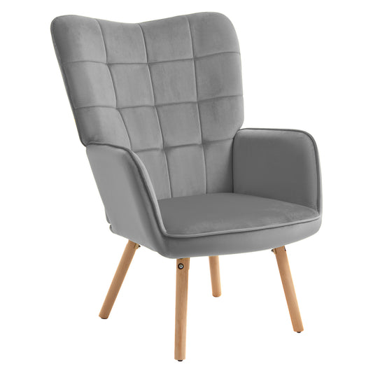Photo of HOMCOM Modern Accent Chair, Upholstered High Back Armchair with Tufted Wingback, Seat Padding, Velvet Leisure Lounge Bedroom Chair with Wood Legs, Grey in Grey colour on a white background