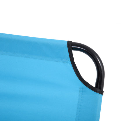 Close-up of the lounger’s blue fabric edge and curved black frame.