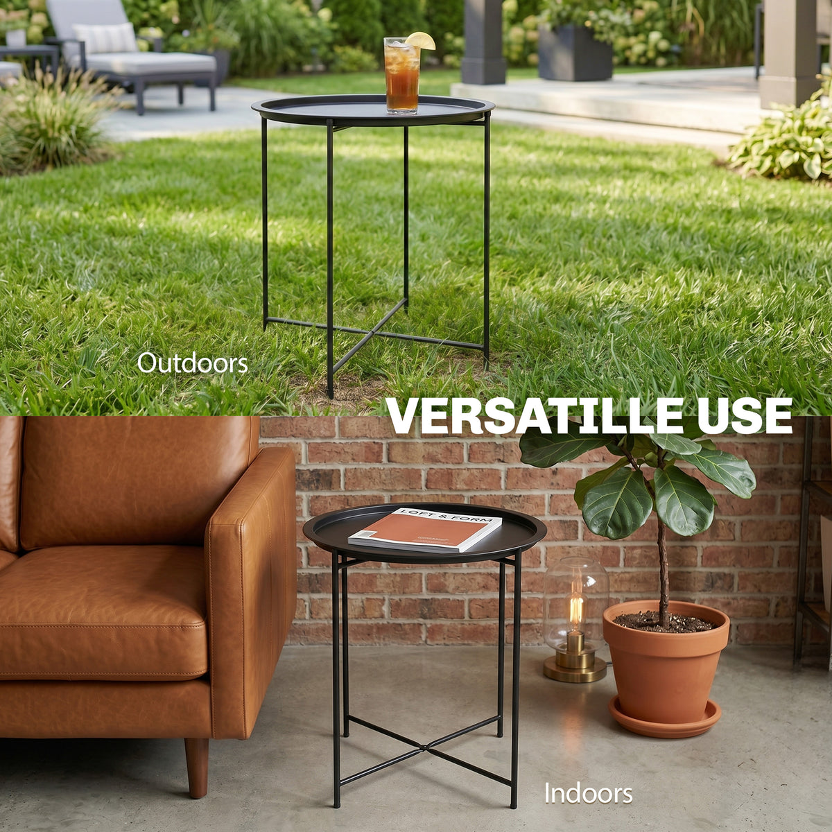 Outsunny round black tray table shown indoors and outdoors