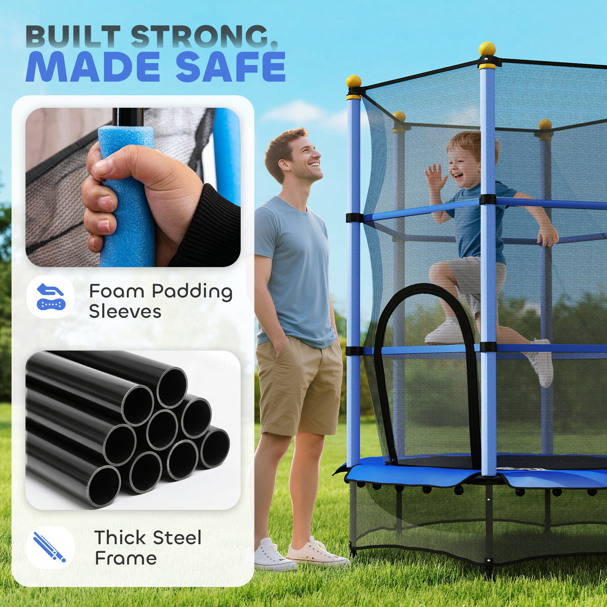 Blue trampoline with foam pole padding, thick steel frame, and mesh enclosure