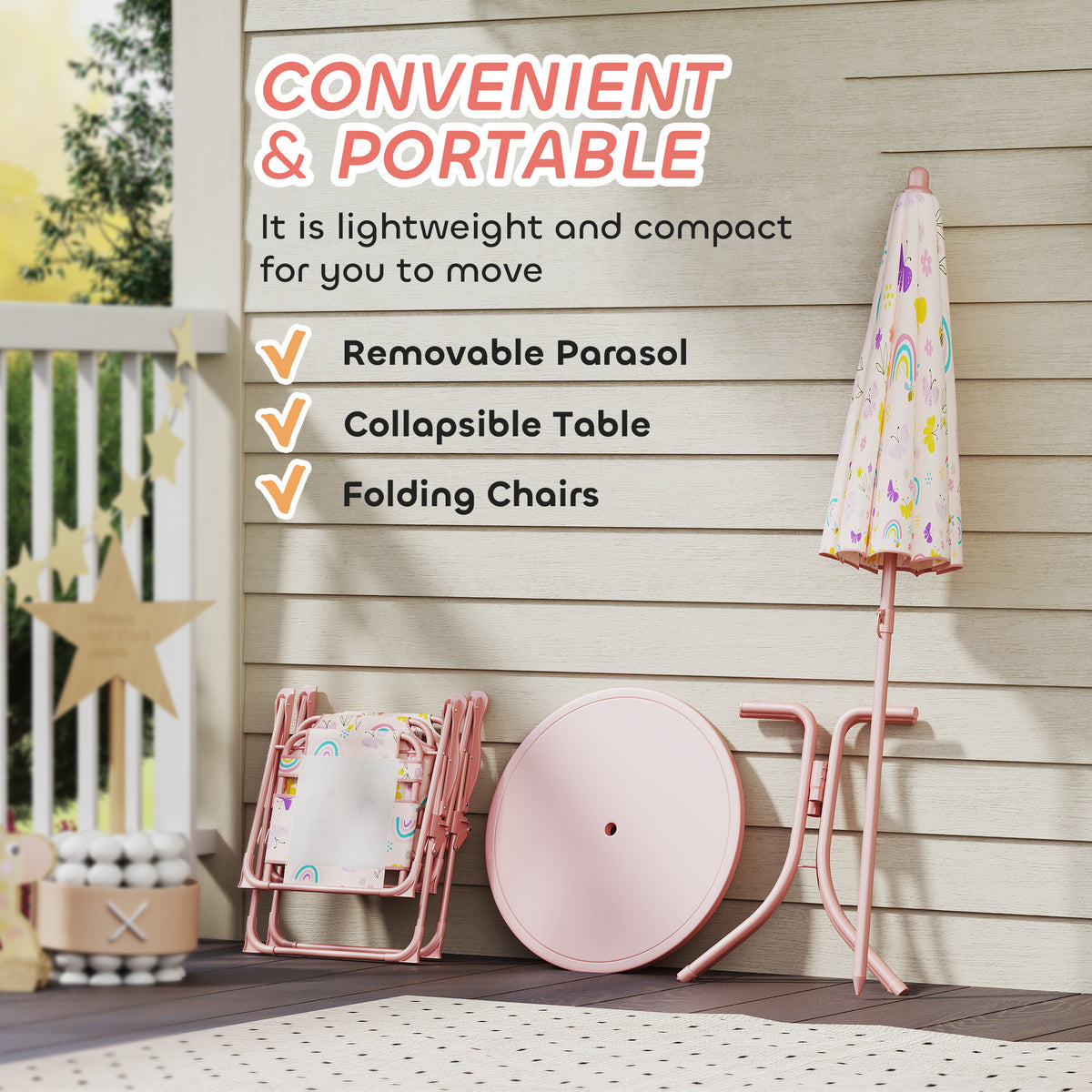 AIYAPLAY 4-Piece Kids Garden Table and Chair Set with Adjustable Parasol, Folding Chairs, Table, Rainbow Pattern, Pink